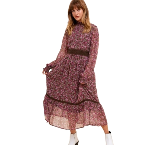 In Bloom Pink floral sheer  Bishop Sleeve Ruffled Tiered Prairie Midi Dress Sz M - Picture 3 of 11